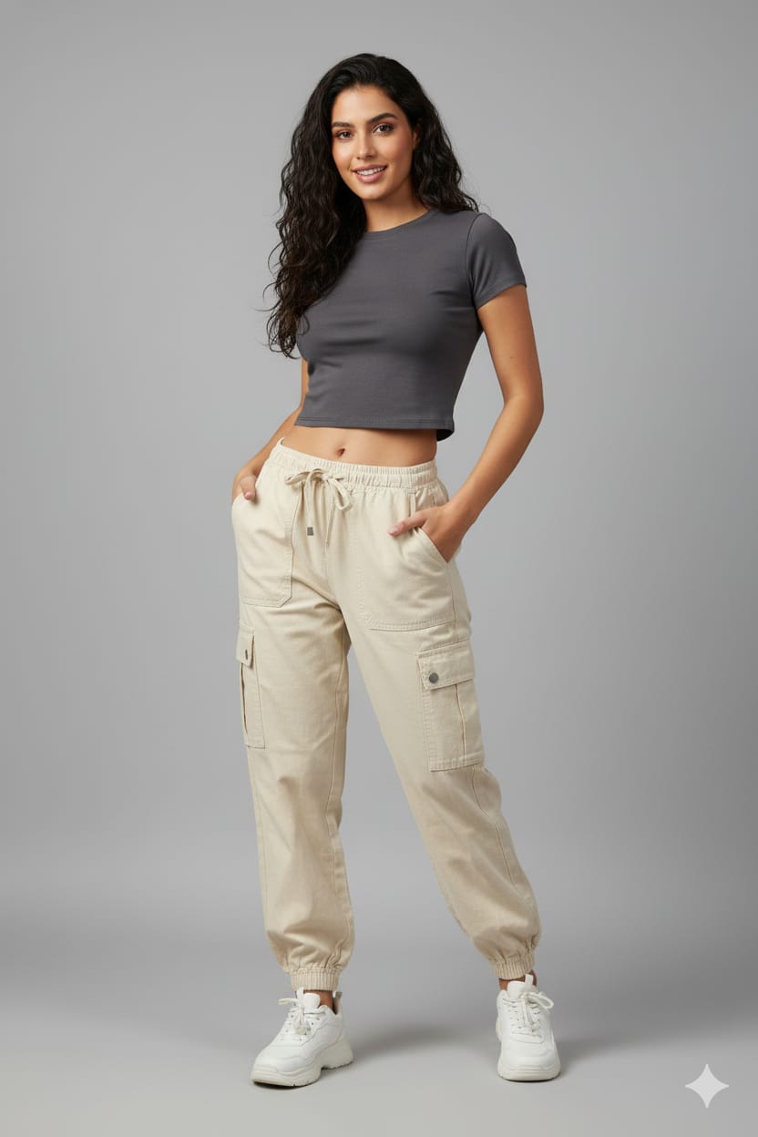 Women's Beige Cargo Jogger Pants | High-Waist Drawstring Relaxed Fit Utility Trousers with Side Pockets | Stylish Casual Streetwear
