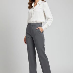 Women's Grey Wide-Leg Formal Trousers | High-Waist Office Pants with Side Pockets | Elegant Workwear Bottoms