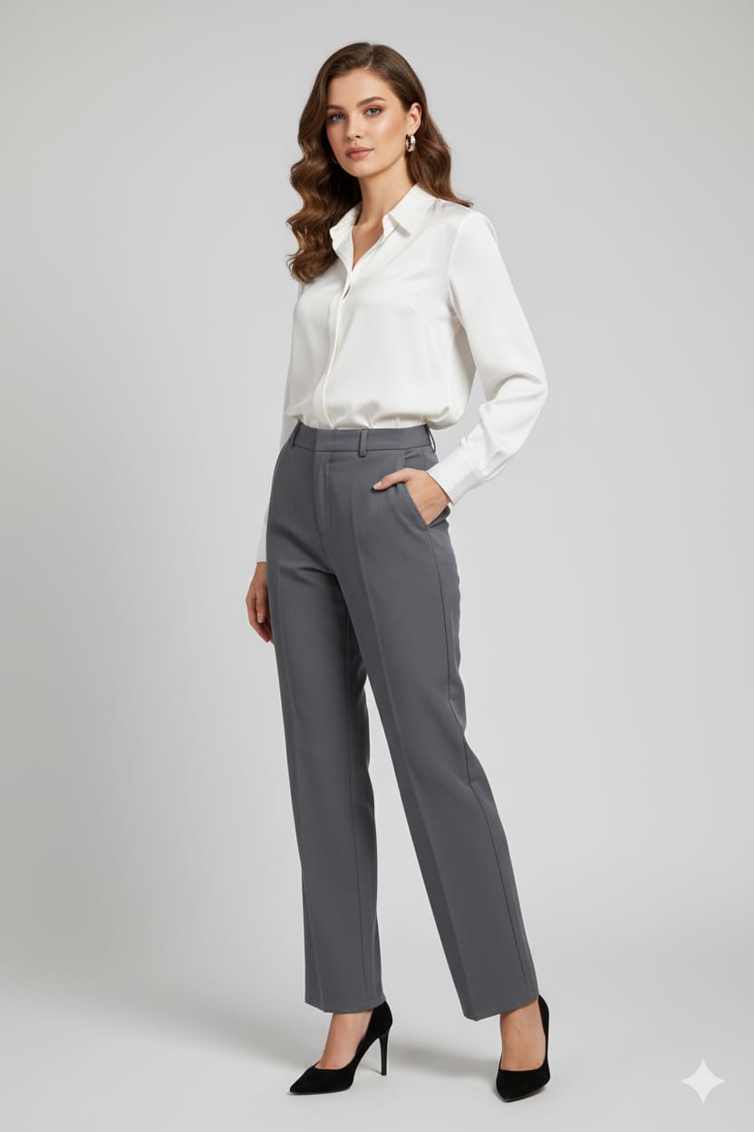 Women's Grey Wide-Leg Formal Trousers | High-Waist Office Pants with Side Pockets | Elegant Workwear Bottoms