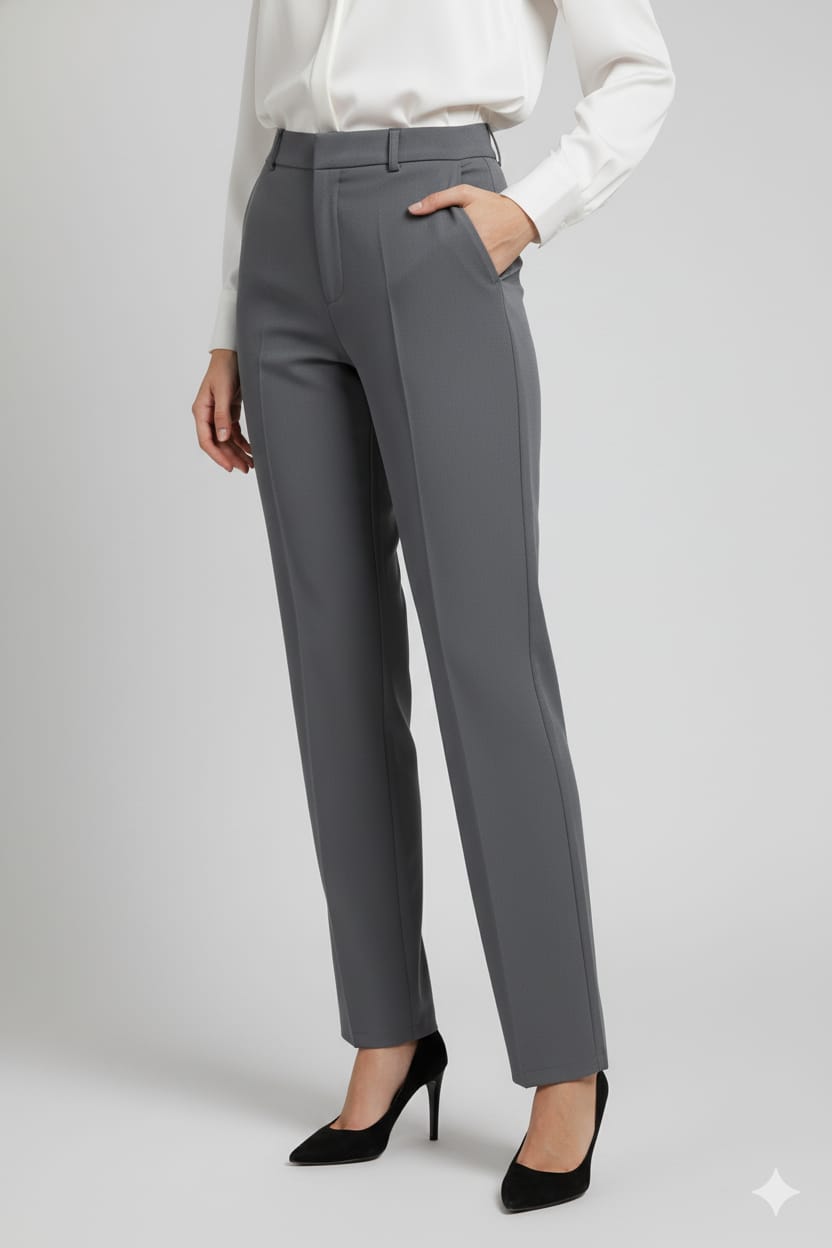 Women's Grey Wide-Leg Formal Trousers | High-Waist Office Pants with Side Pockets | Elegant Workwear Bottoms - Image 4