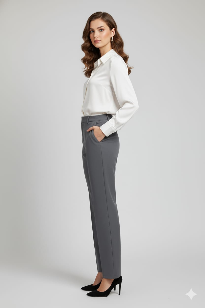 Women's Grey Wide-Leg Formal Trousers | High-Waist Office Pants with Side Pockets | Elegant Workwear Bottoms - Image 3