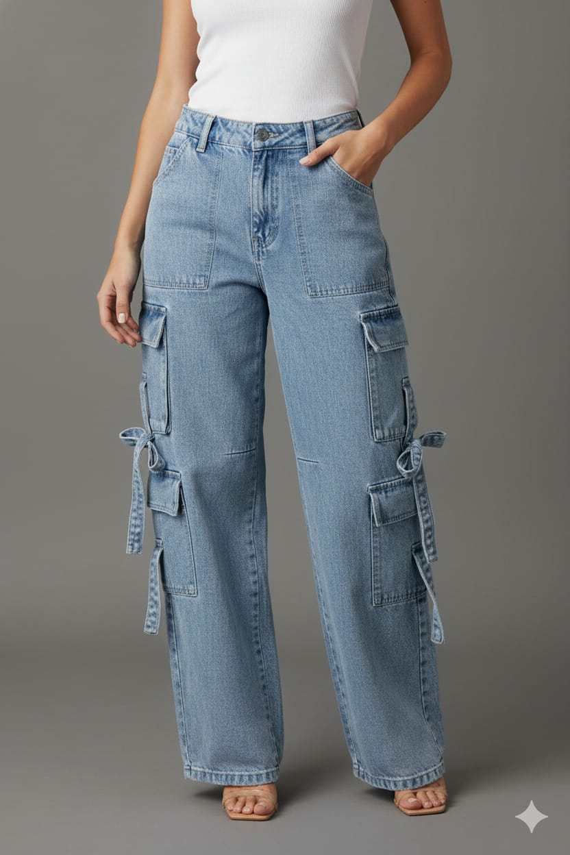 Women’s Light Blue Baggy Fit Cargo Denim Jeans | High-Waist Wide-Leg Jeans with Utility Pockets & Tie Detailing | Trendy Streetwear Style - Image 4