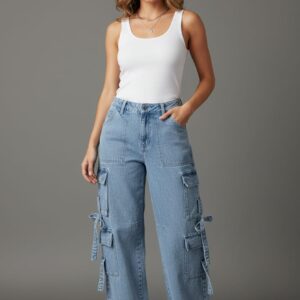 Women’s Light Blue Baggy Fit Cargo Denim Jeans | High-Waist Wide-Leg Jeans with Utility Pockets & Tie Detailing | Trendy Streetwear Style