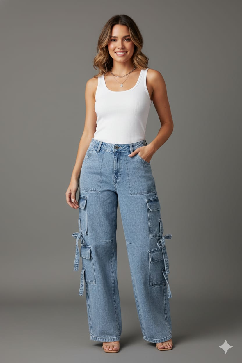 Women’s Light Blue Baggy Fit Cargo Denim Jeans | High-Waist Wide-Leg Jeans with Utility Pockets & Tie Detailing | Trendy Streetwear Style