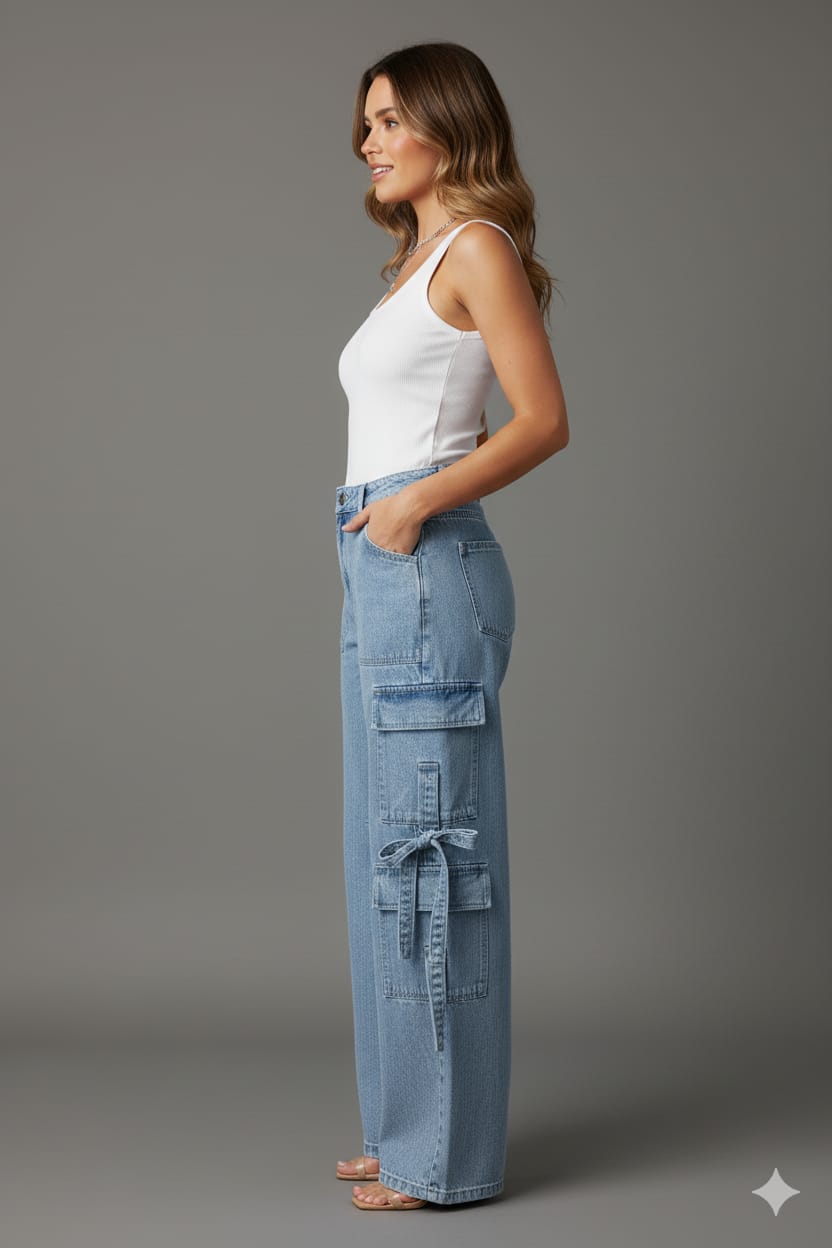 Women’s Light Blue Baggy Fit Cargo Denim Jeans | High-Waist Wide-Leg Jeans with Utility Pockets & Tie Detailing | Trendy Streetwear Style - Image 3