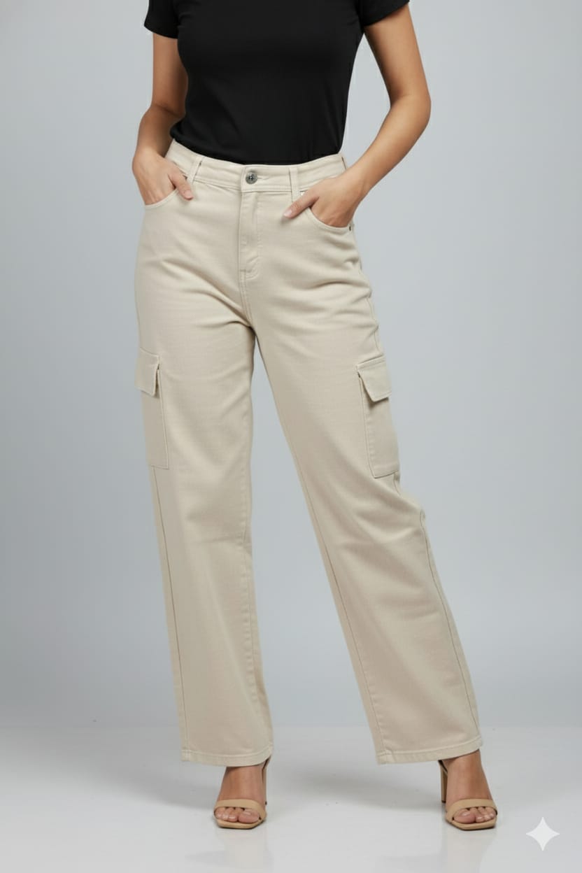 Women's Beige Baggy Cargo Denim Jeans | High-Waist Relaxed Fit Utility Jeans with Side Pockets | Trendy Streetwear Fashion - Image 2