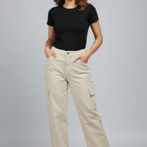 Women's Beige Baggy Cargo Denim Jeans | High-Waist Relaxed Fit Utility Jeans with Side Pockets | Trendy Streetwear Fashion