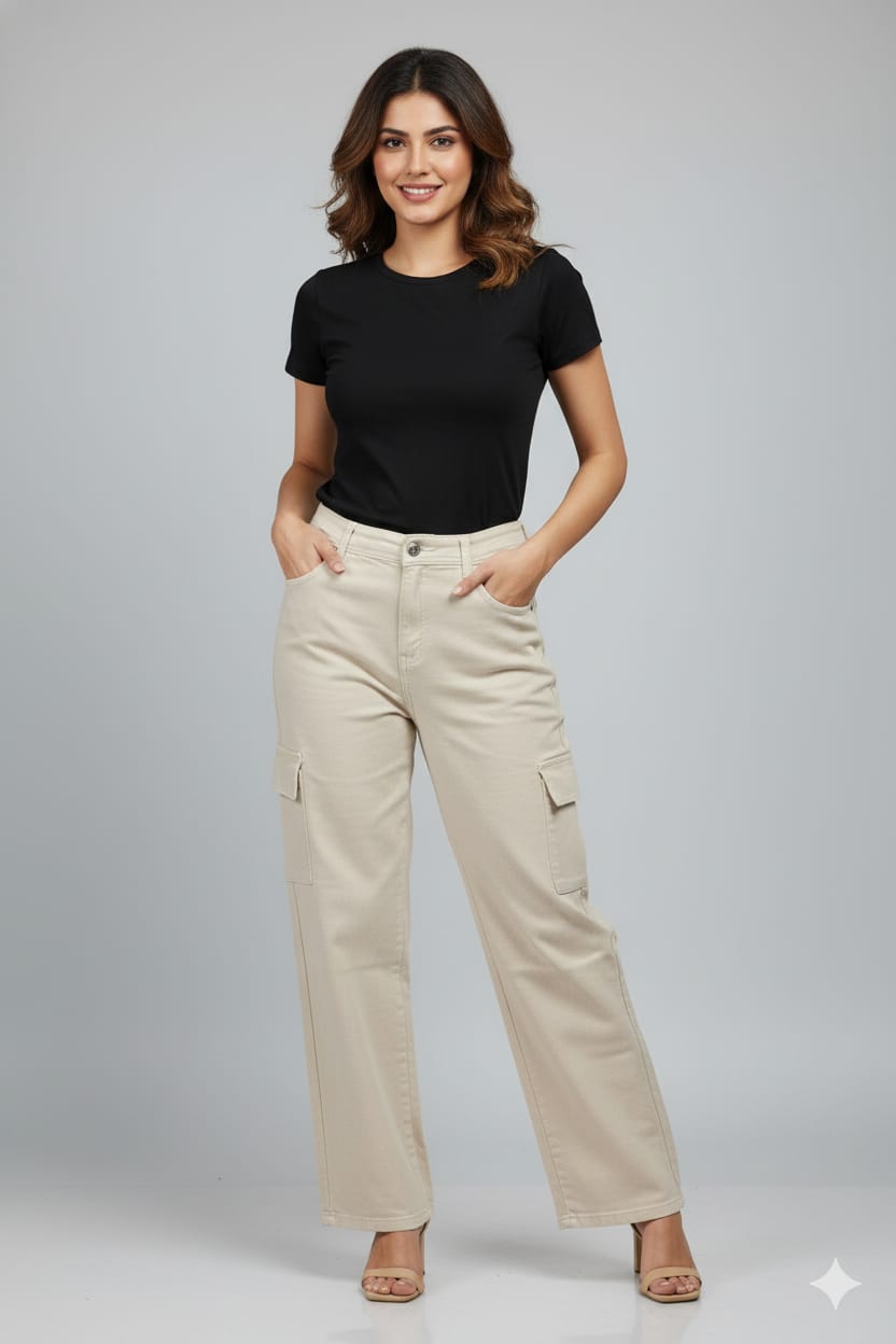 Women's Beige Baggy Cargo Denim Jeans | High-Waist Relaxed Fit Utility Jeans with Side Pockets | Trendy Streetwear Fashion