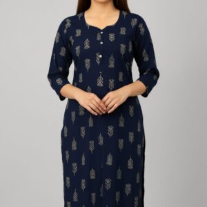 Women’s Navy Blue Rayon Printed Straight Kurti with 3/4 Sleeves – Stylish Daily & Office Wear Ethnic Top