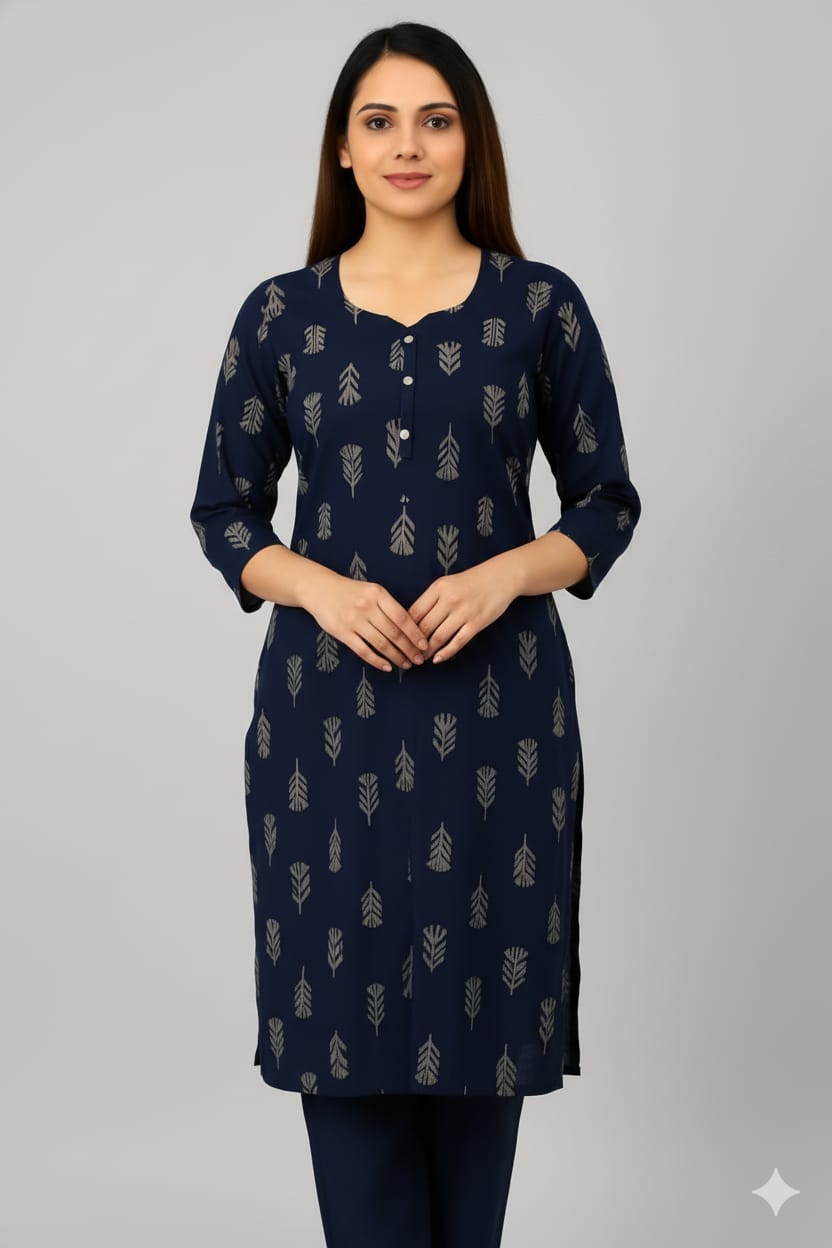 Women’s Navy Blue Rayon Printed Straight Kurti with 3/4 Sleeves – Stylish Daily & Office Wear Ethnic Top