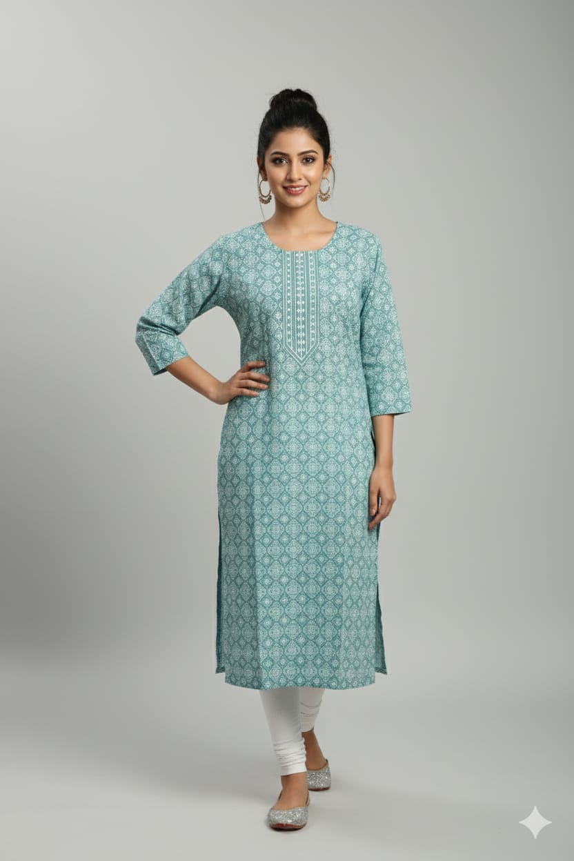 Women’s Printed Rayon Straight Kurta | Soft & Comfortable Ethnic Top with 3/4th Sleeves | Daily Wear Casual Kurti for Office & Outings